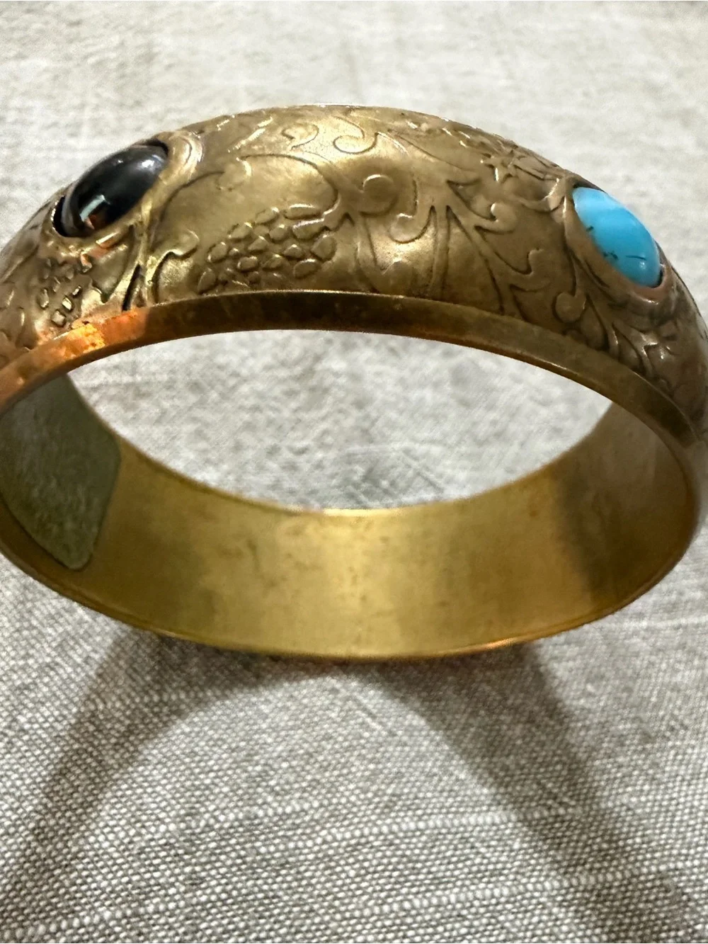 Vintage Brass Accent Bangle with Turquoise Inlay - Gold Finish